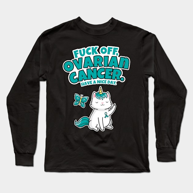 Fuck Off Ovarian Cancer Caticorn Butterfly Long Sleeve T-Shirt by jomadado